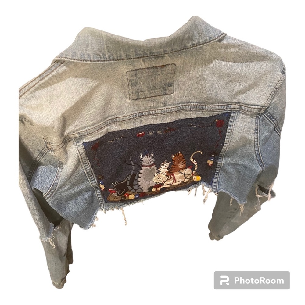 Upcycled jean jacket crop fit cat picture on the back. Womens size: small